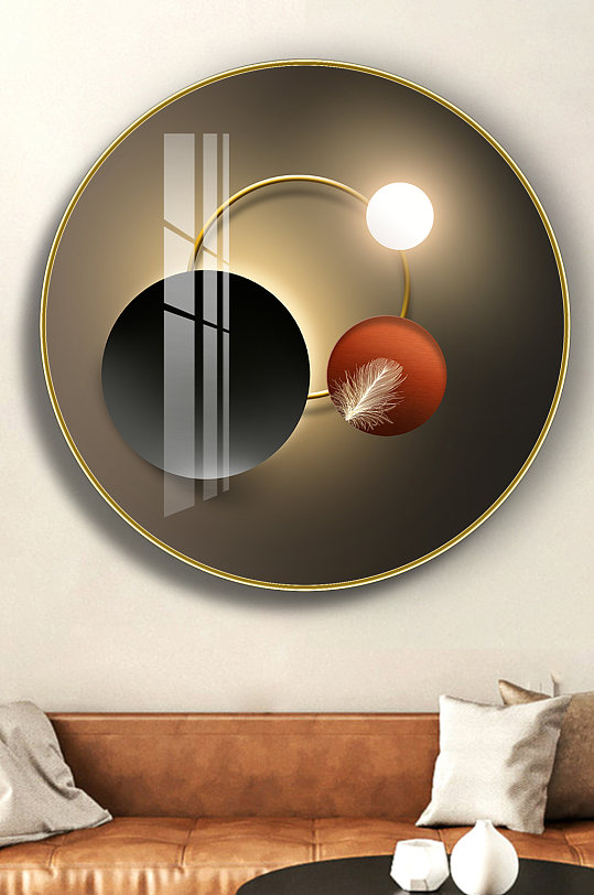 现代几何光影叶圆形晶瓷画装饰画-众图网