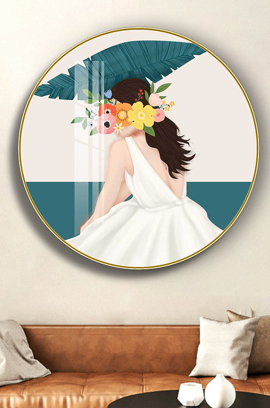 现代手绘美女圆形装饰画-众图网