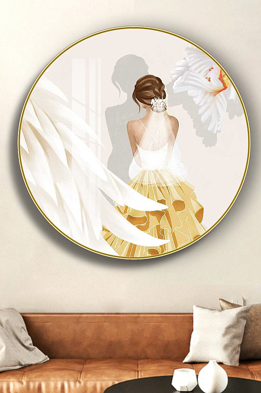 手绘美女羽毛圆形装饰画-众图网