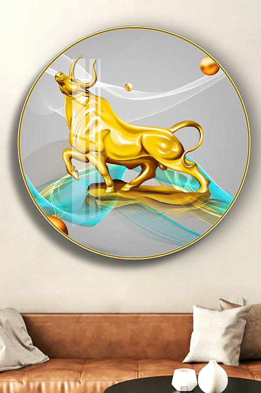 飘带线条金牛圆形装饰画-众图网