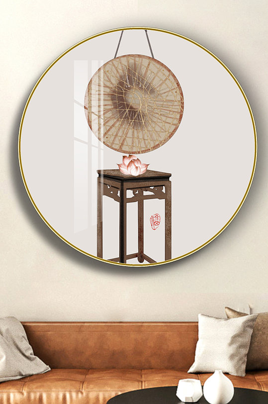 新中式现代民俗草帽圆形装饰画-众图网