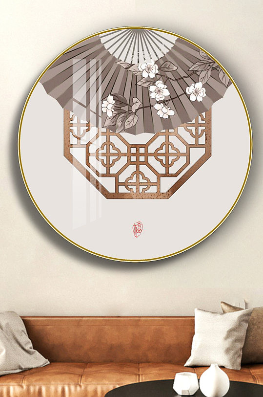 新中式现代民俗折扇圆形装饰画