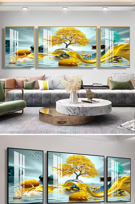 新中式山水石来运转发财树晶瓷画-众图网