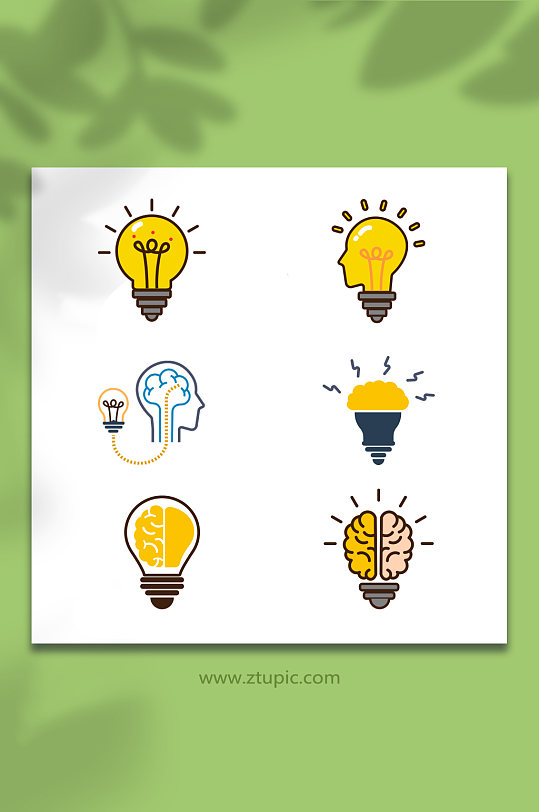 黄色卡通灯泡大脑元素插画-众图网