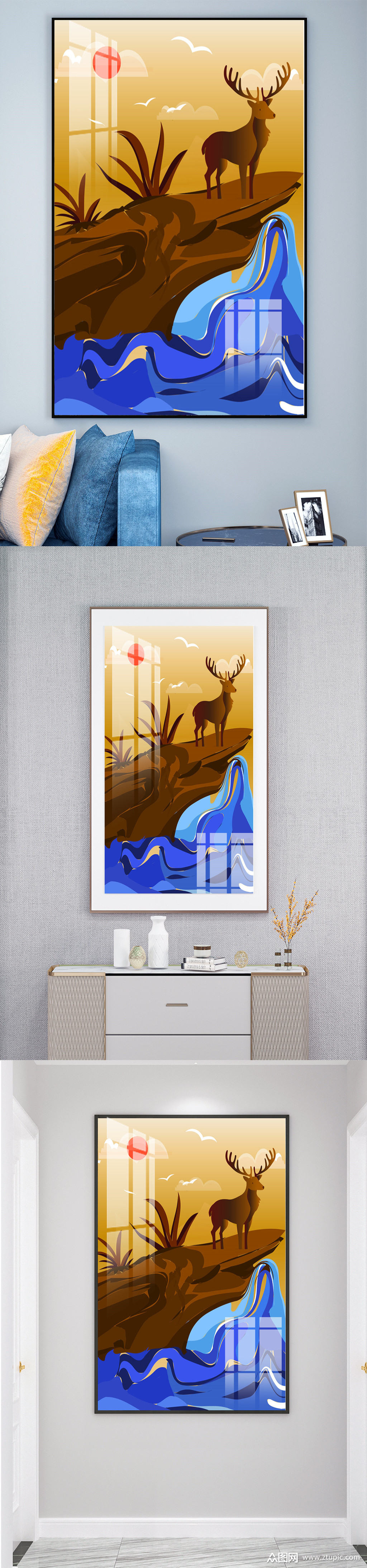 北欧手绘波浪麋鹿装饰画素材