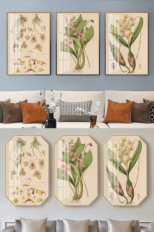 手绘花朵兰花草三联装饰画