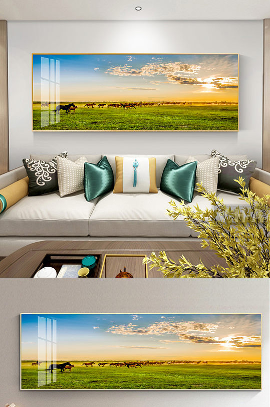 新中式草原骏马沙发装饰画-众图网