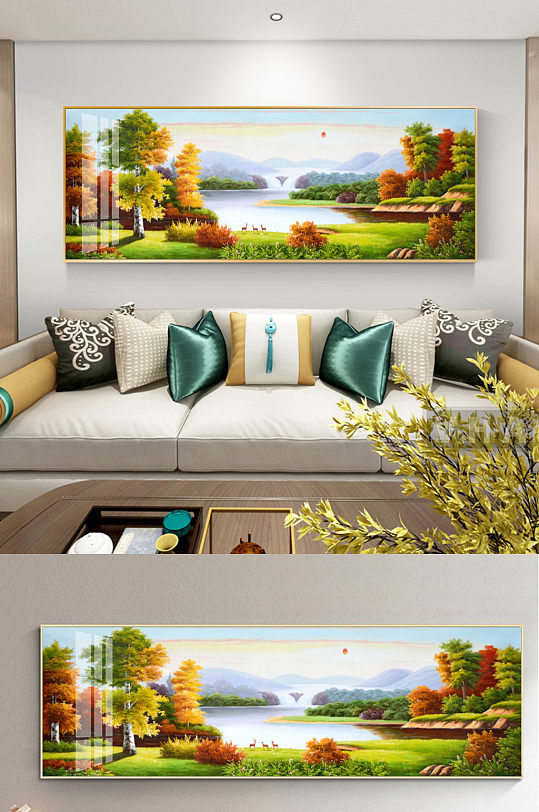 新中式风景油画沙发装饰画