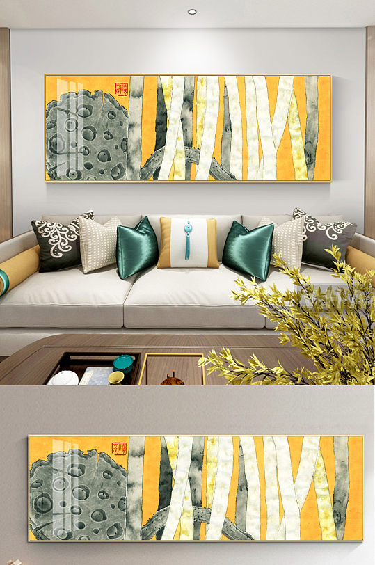 新中式手绘莲蓬沙发装饰画-众图网