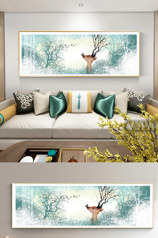 新中式手绘麋鹿沙发装饰画
