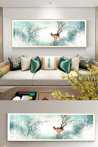 新中式手绘麋鹿沙发装饰画