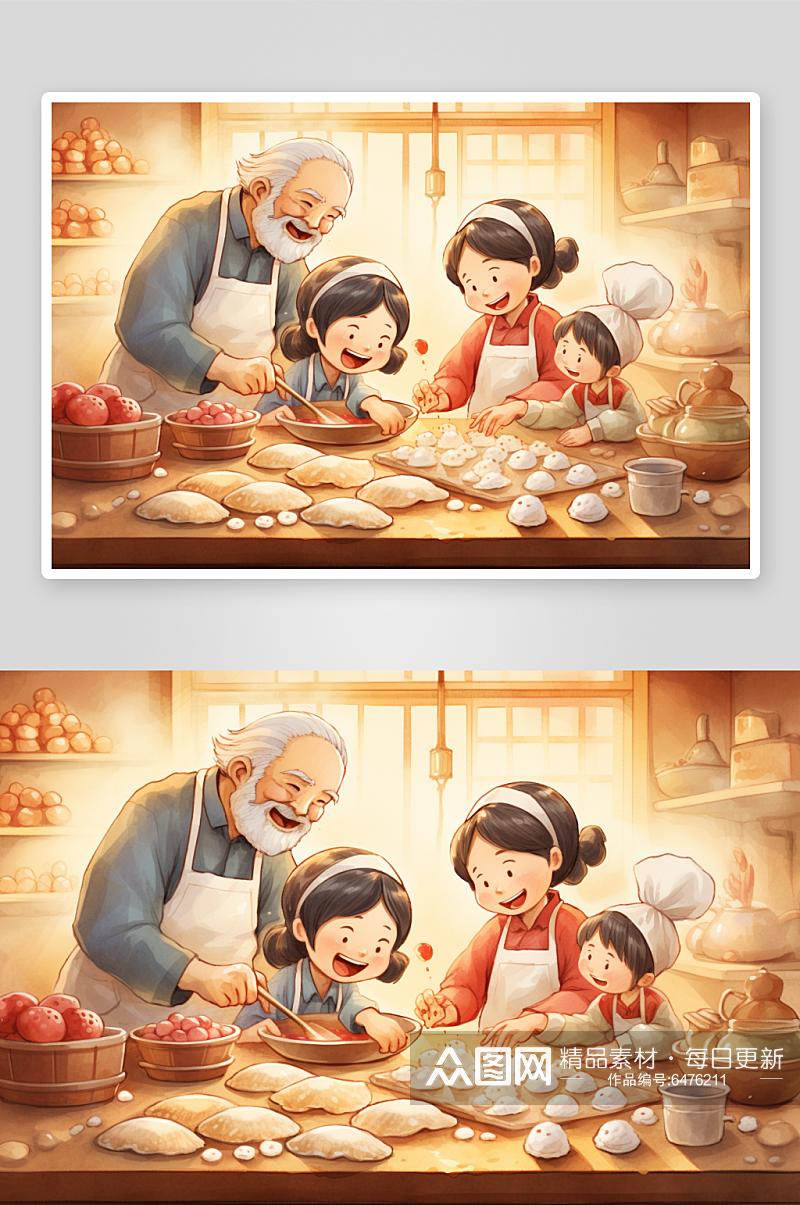 创意冬至包饺子人物手绘插画素材