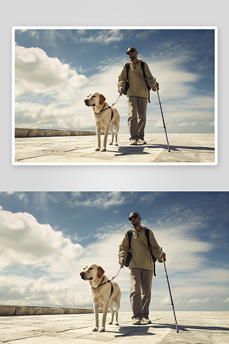 残疾人视力障碍盲人与狗摄影图