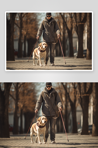 残疾人视力障碍盲人与狗摄影图