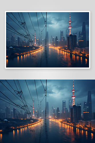 高清城市天际线中国电力电网摄影图