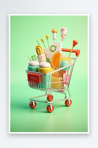 卡通超市零食购物车元素模型