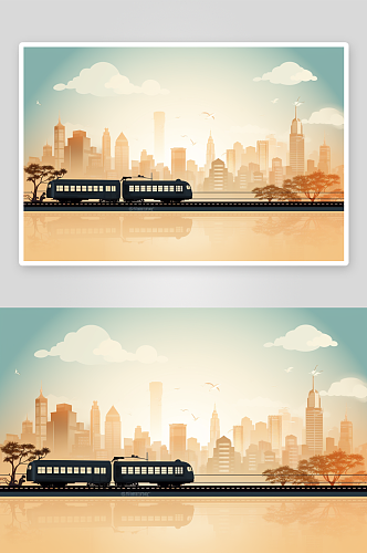 AI数字艺术春运火车城市渐变绘画摄影图