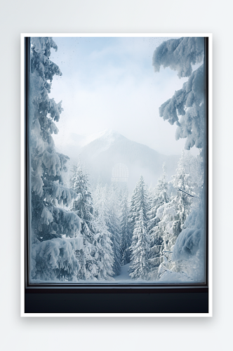 AI数字艺术冬季窗外雪景摄影图