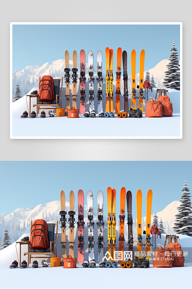 AI数字艺术创意冬季冬天滑雪设备元素素材