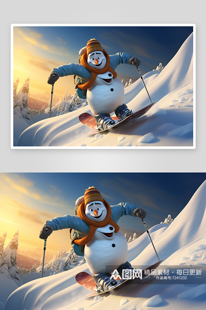 AI数字艺术卡通冬季冬天滑雪雪人元素素材
