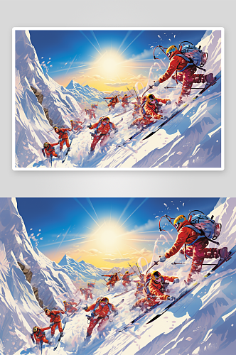 AI数字艺冬季冬天卡通滑雪运动人物插画