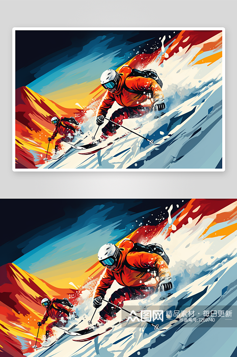 AI数字艺冬季冬天卡通滑雪运动人物插画素材