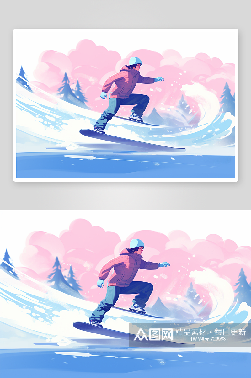 AI数字艺术冬季卡通滑雪运动人物插画素材