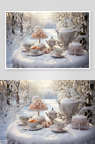 AI数字艺术冬季氛围下午茶摄影图