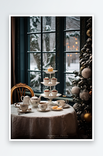 AI数字艺术创意冬季氛围下午茶摄影图