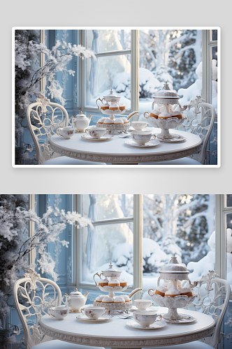 AI数字艺术创意冬季氛围下午茶摄影图