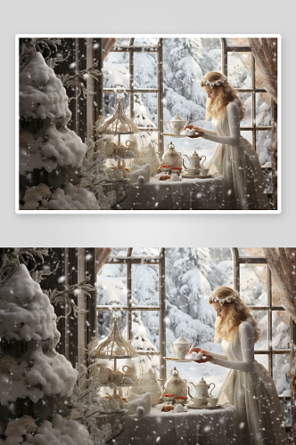 AI数字艺术冬季氛围下午茶摄影图