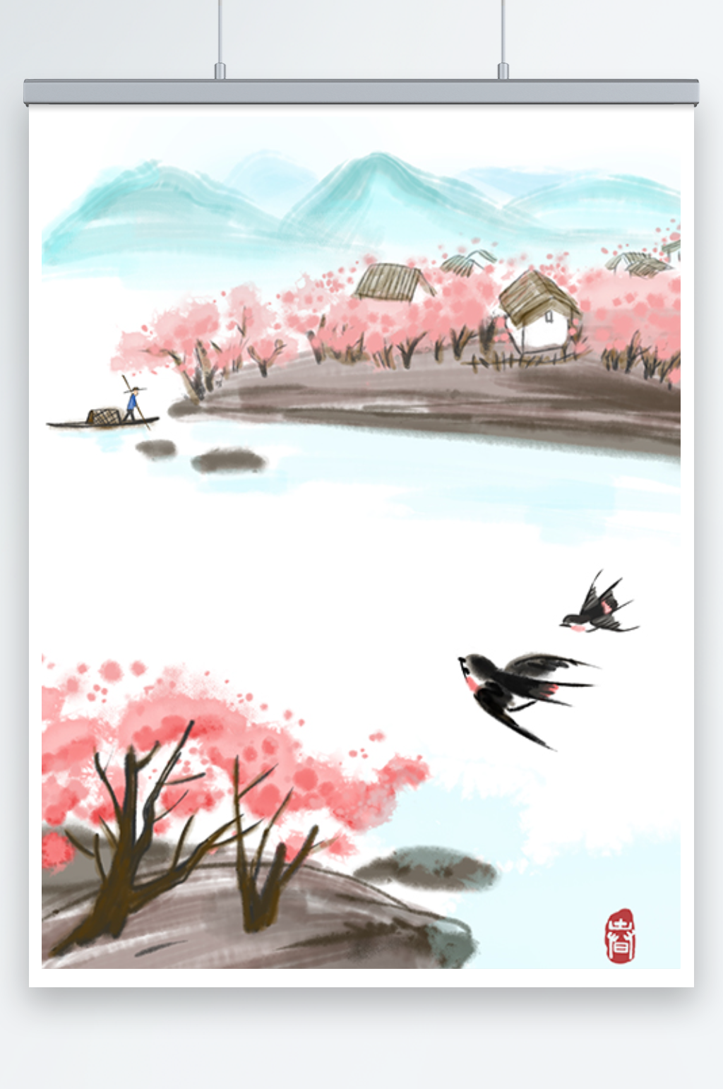江南水乡桃花中国风水墨画春季风景插画素材