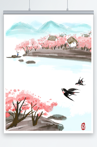 江南水乡桃花中国风水墨画春季风景插画