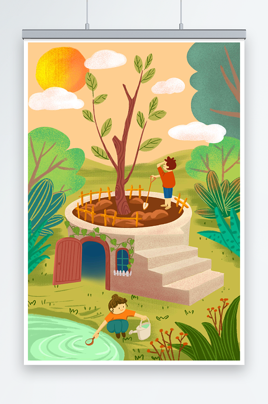 春天树苗植树节种树房子花盆插画-众图网