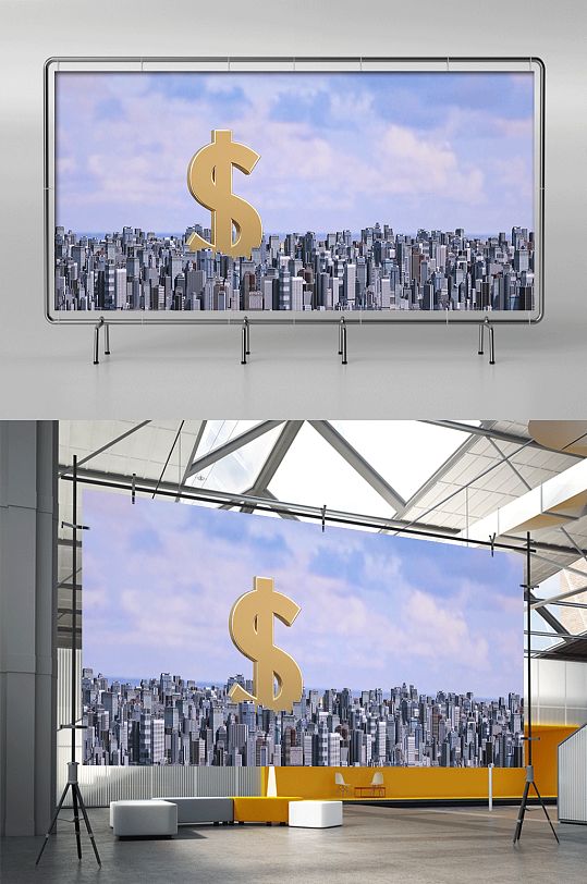 C4D金融主題建筑群金幣場(chǎng)景電商展架