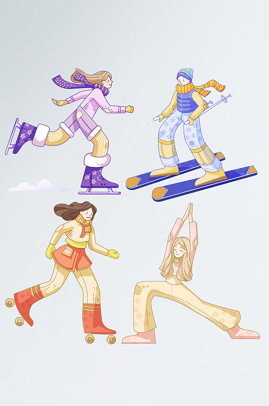 冬季运动套图滑雪滑冰轮滑瑜伽人物