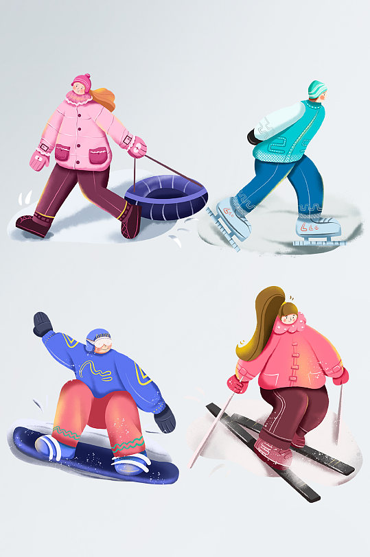 滑雪冬季运动溜冰扁平风滑板雪地设计元素