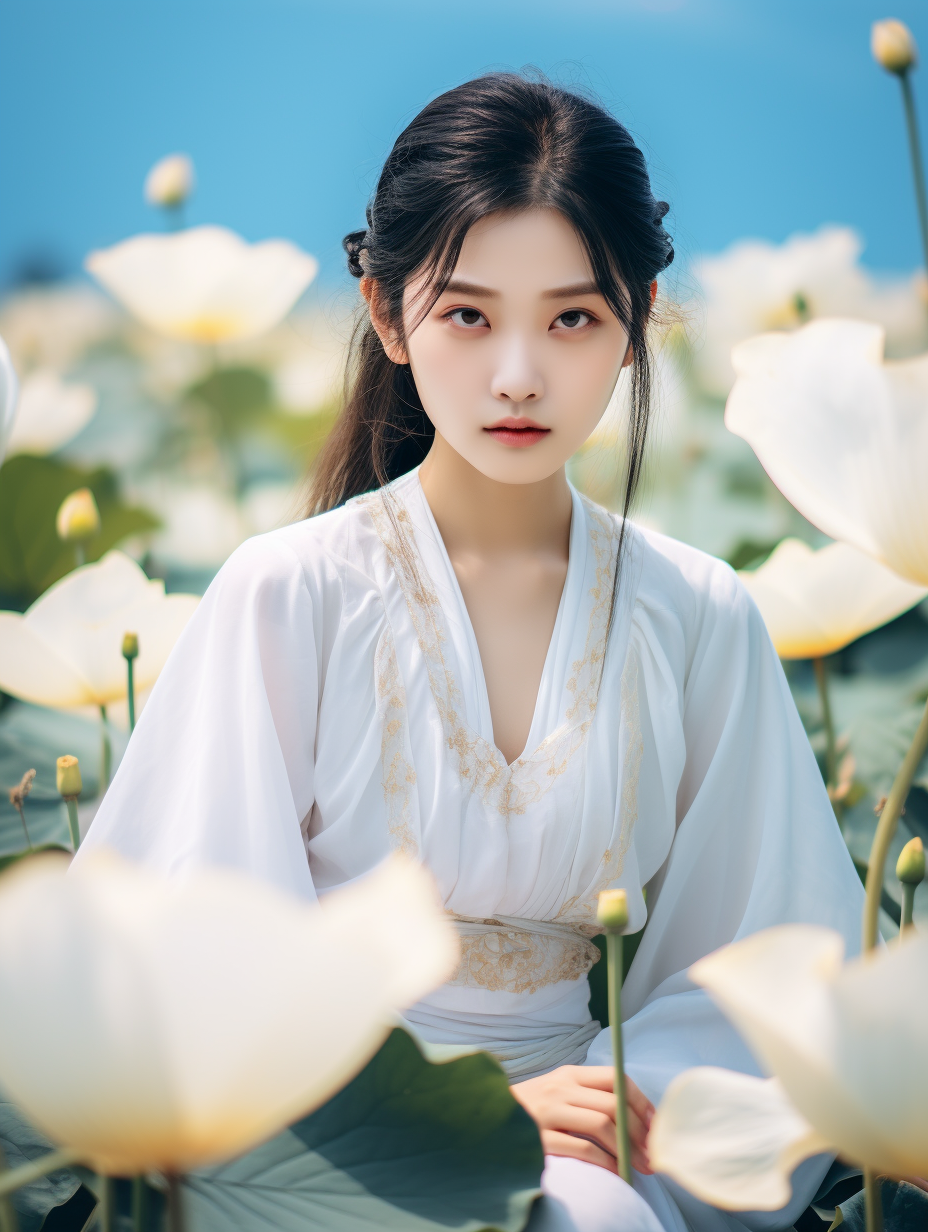 大白莲叶汉服女孩素材