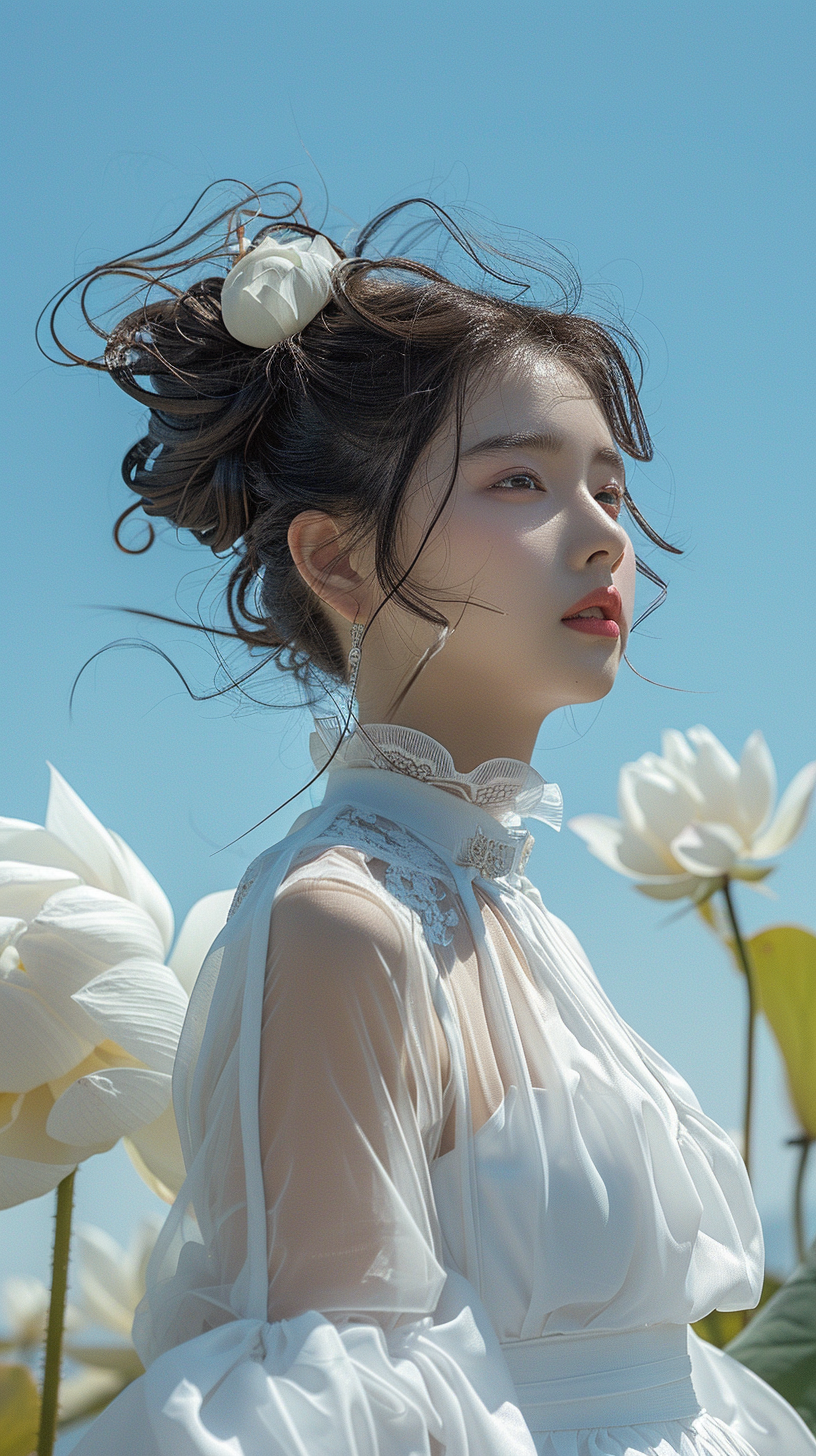 白色汉服荷花背景女孩素材