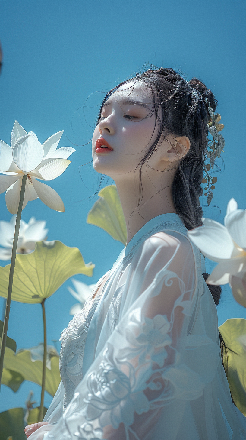 高清荷花背景汉服女孩素材
