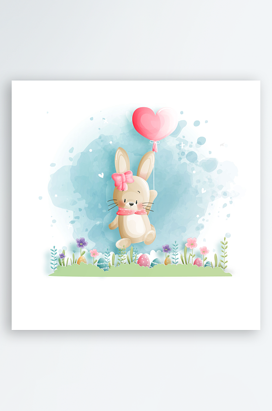 手绘水彩复活节兔子彩蛋爱心气球