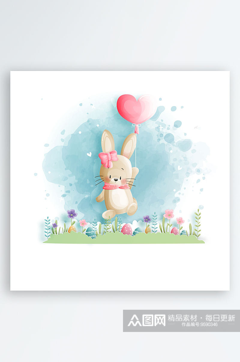 手绘水彩复活节兔子彩蛋爱心气球素材