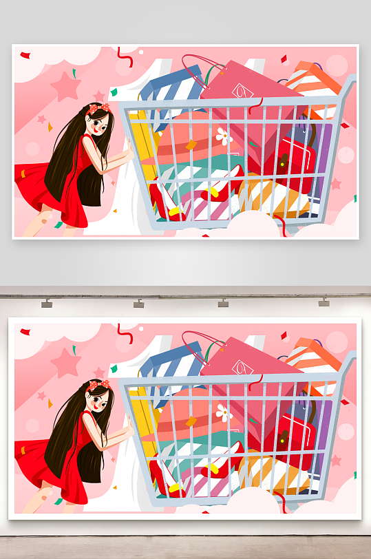 双十一女孩购物插画-众图网