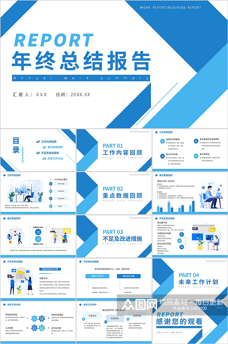 蓝色简约风格年终总结报告PPT模板素材