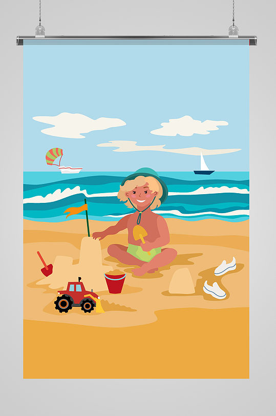 沙滩海边儿童矢量插画