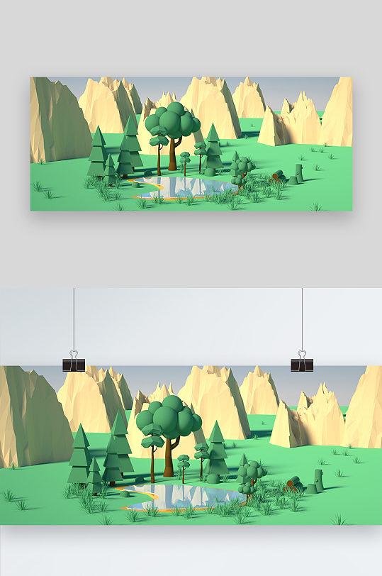 绿色lowpoly风格岛屿c4d模型-众图网