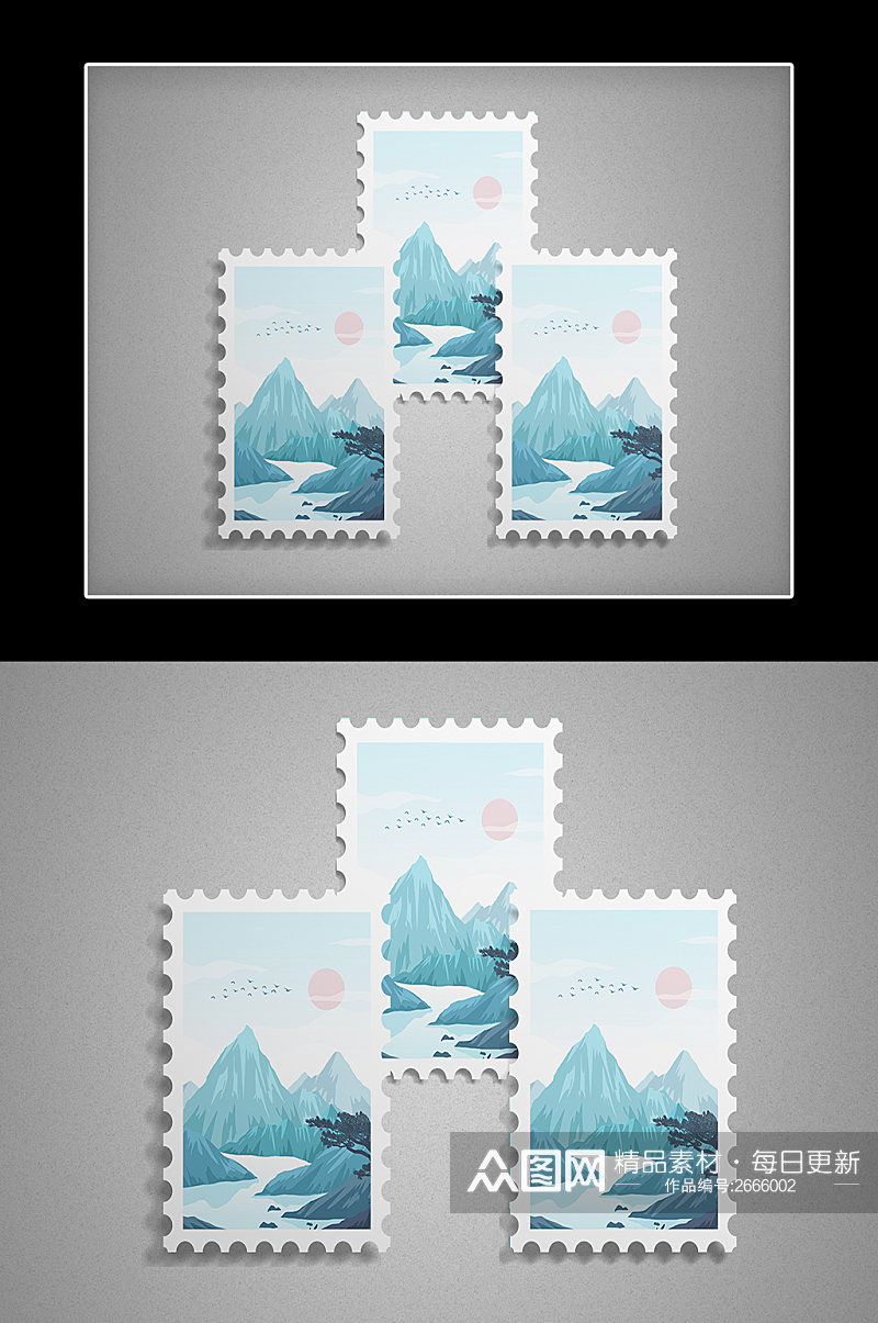 蓝色山水邮票样机素材