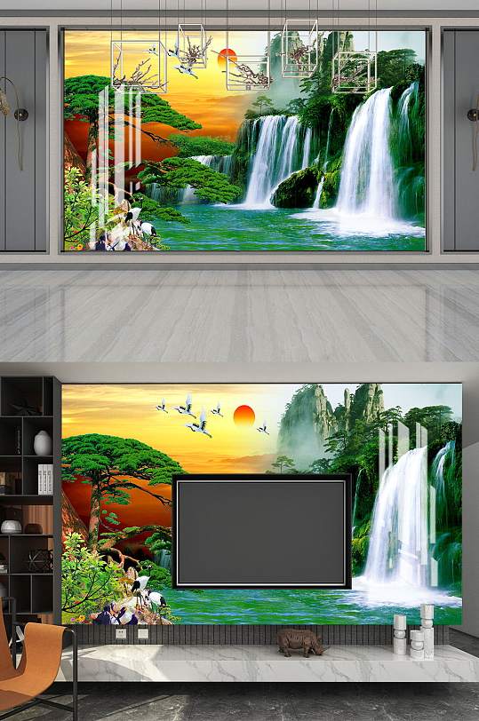 花鸟山水电视背景墙-众图网