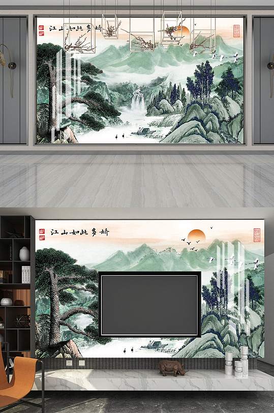 花鸟山水电视背景墙-众图网