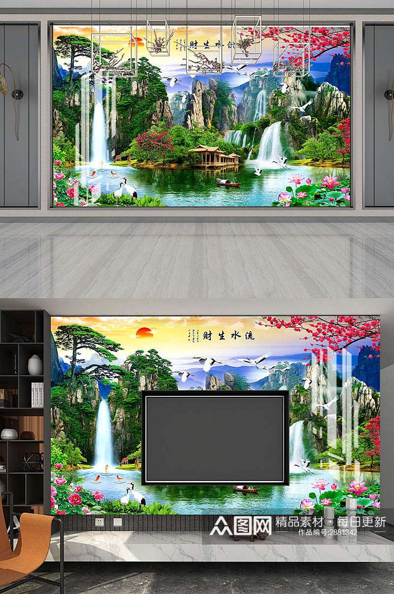 花鸟山水电视背景墙素材